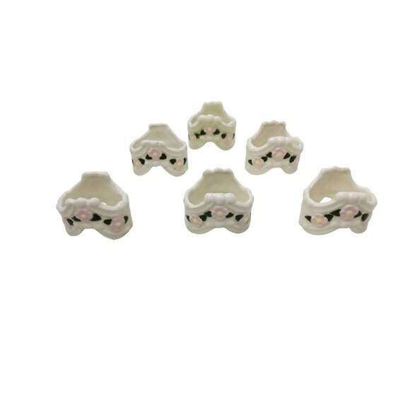 Set Of 6 Vintage Porcelain Floral Napkin Rings - Picture 2 of 5